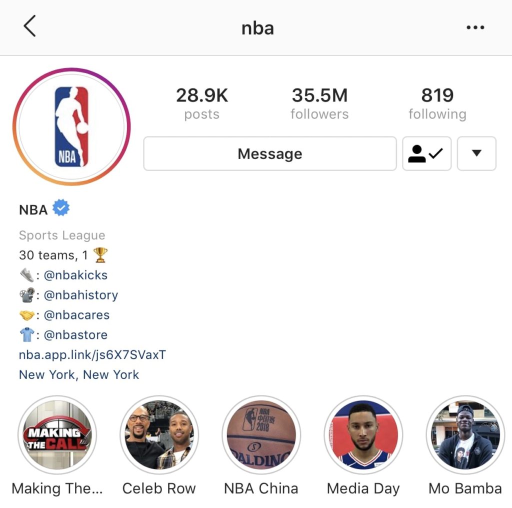 NBA Instagram page example